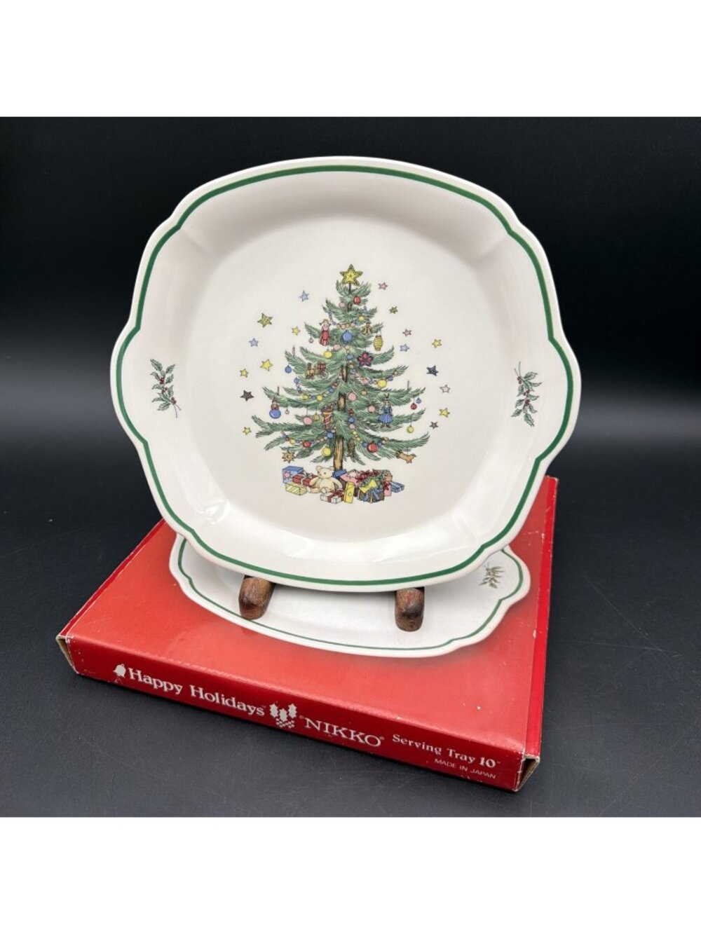 NIKKO Happy Holidays Christmas Tree Serving Plate Handle Japan 10" w/ box EUC
